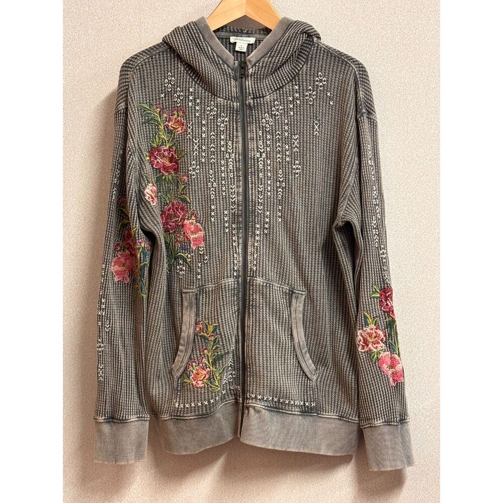 Sundance Gray Waffle Knit Embroidered Full-Zip Cotton Hoodie Cottagecore Artsy